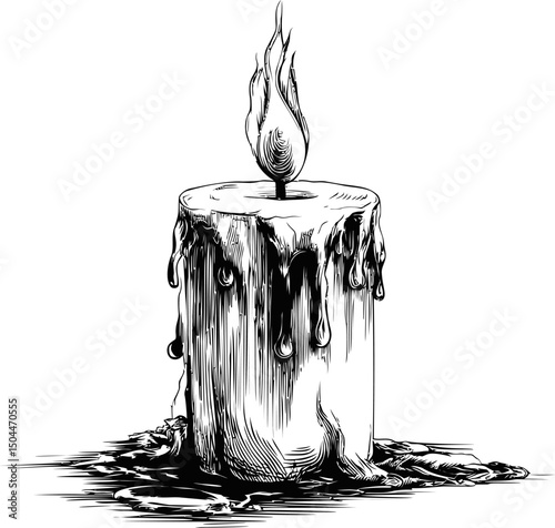 Black and white illustration of a melting wax candle with intricate details. Vector illustration