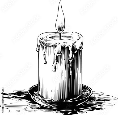 Detailed black and white ink sketch of a dripping candle on a plate. Vector illustration