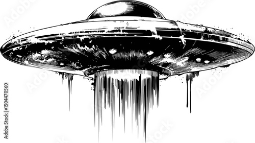Monochrome illustration of a dripping grunge-style ufo with light beams. Vector illustration