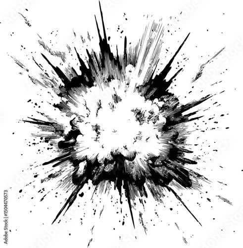 Black and white explosive burst with dynamic lines concept art. Vector illustration