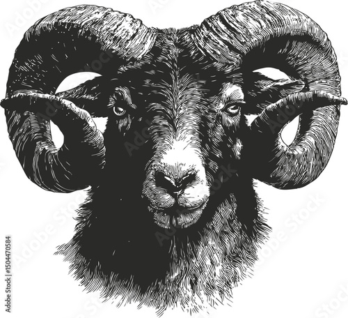 Detailed black and white illustration of a ram with majestic curved horns. Vector illustration