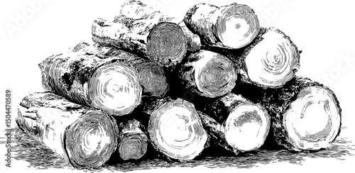 Stack of detailed wood logs in black and white, cross-sections visible. Vector illustration