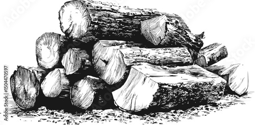 Stack of cut firewood logs in detailed black and white sketch. Vector illustration