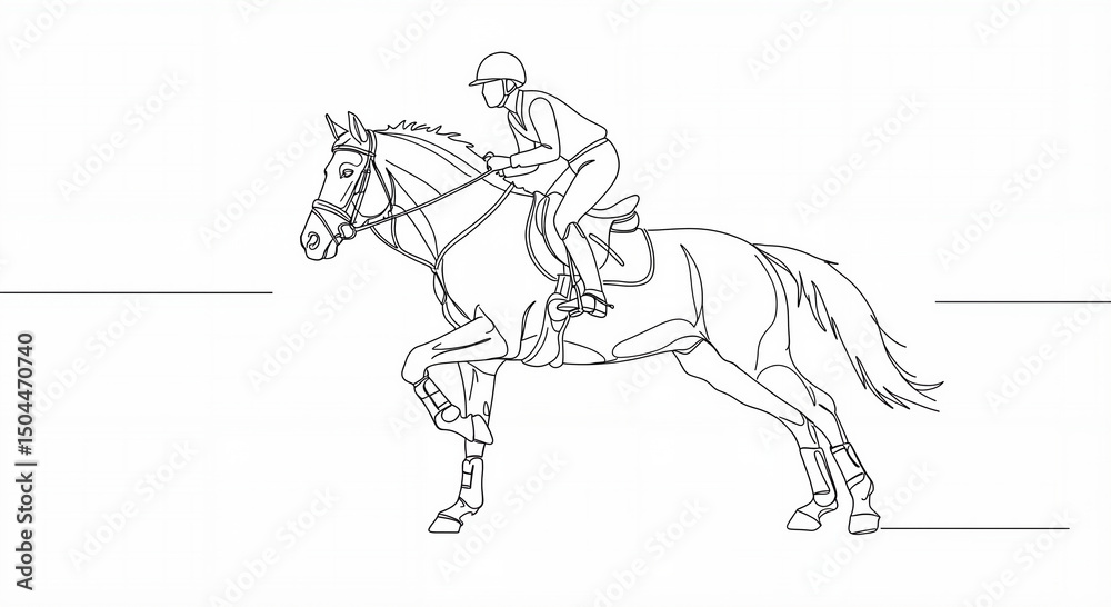 Obraz premium Equestrian rider on a galloping horse in a minimalist outline style