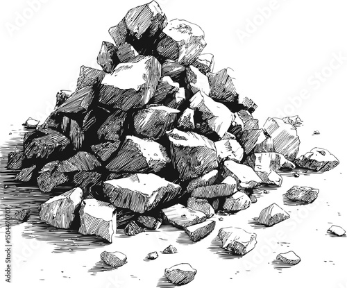 Pile of rough sketch rocks drawn in black ink. Vector illustration