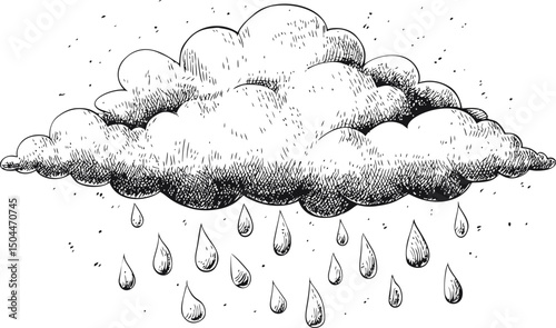 Sketch of a rain cloud with falling raindrops in black and white illustration. Vector illustration