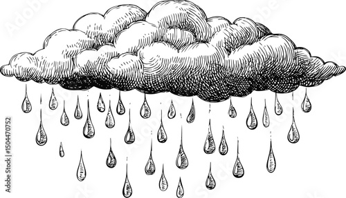 Hand-drawn illustration of a rain cloud with falling raindrops in monochrome. Vector illustration