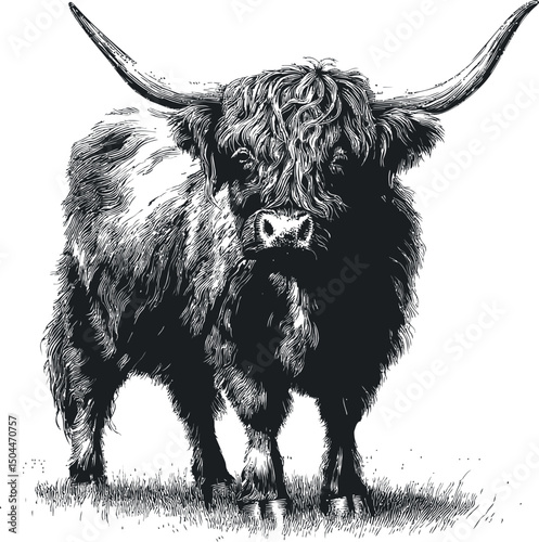 Black and white illustration of a highland cow with long horns and shaggy fur. Vector illustration