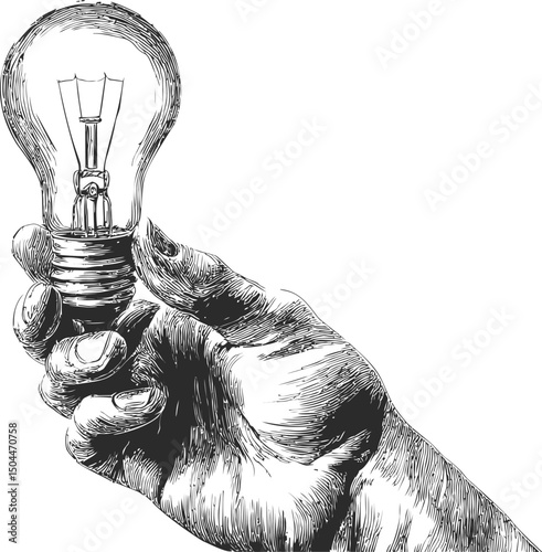 Hand holding light bulb in detailed ink illustration, symbol of innovation. Vector illustration