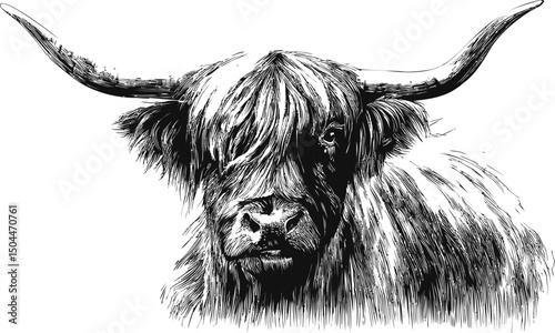 Highland cow drawing with detailed fur and large horns in black and white. Vector illustration