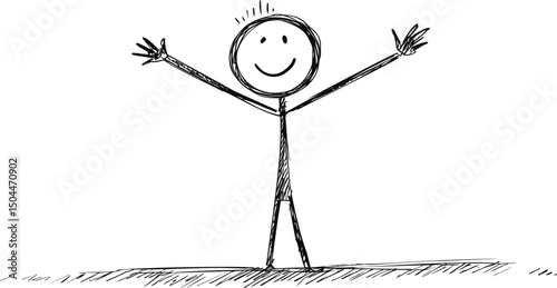 Happy stick figure with outstretched arms, simple sketch art. Vector illustration