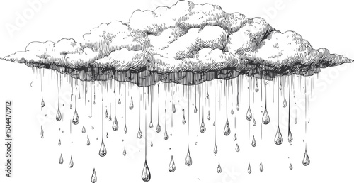 Illustrated rain cloud with detailed drops and sketchy lines. Vector illustration