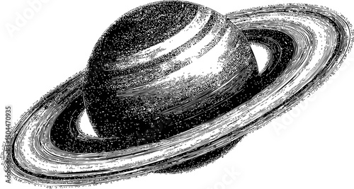 Vintage illustration of saturn with rings in black and white, celestial engraving. Vector illustration