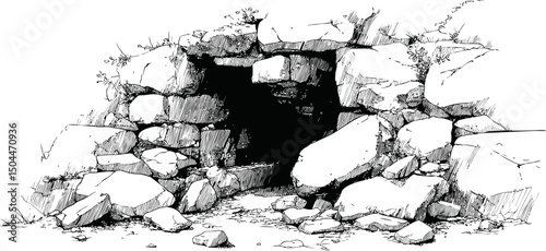 Mountain cave entrance surrounded by large rocks and sparse vegetation. Vector illustration
