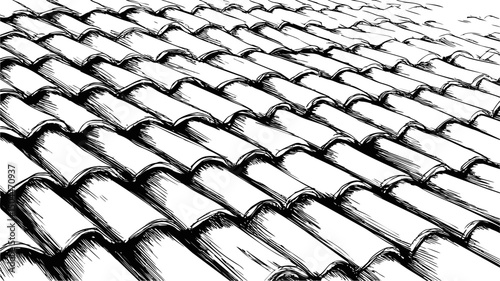 Detailed monochrome illustration of overlapping roof tiles in repetitive pattern. Vector illustration
