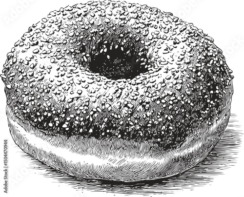 Detailed black and white illustration of a donut with sprinkles, vintage sketch. Vector illustration