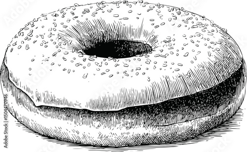 Detailed black and white drawing of a sesame bagel, vintage food illustration. Vector illustration
