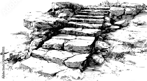 Ancient stone steps leading upward in monochrome sketch style illustration. Vector illustration