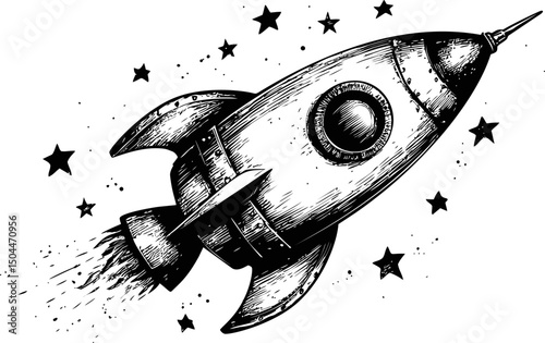Black and white vintage rocket ship surrounded by stars, sketch style illustration. Vector illustration