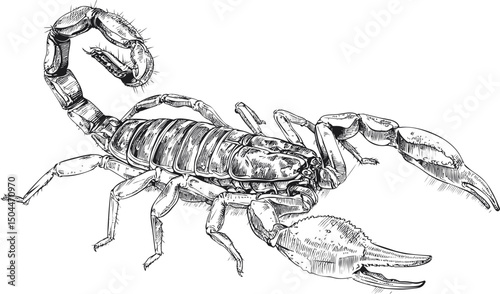 Black and white sketch of a detailed scorpion with pincers raised menacingly. Vector illustration