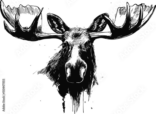 Black and white illustration of a moose head with large antlers. Vector illustration