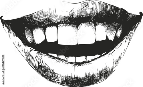 Black and white sketch of smiling lips revealing teeth, detailed ink drawing. Vector illustration