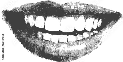 Black and white sketch of a smiling mouth with detailed shading, digital illustration. Vector illustration