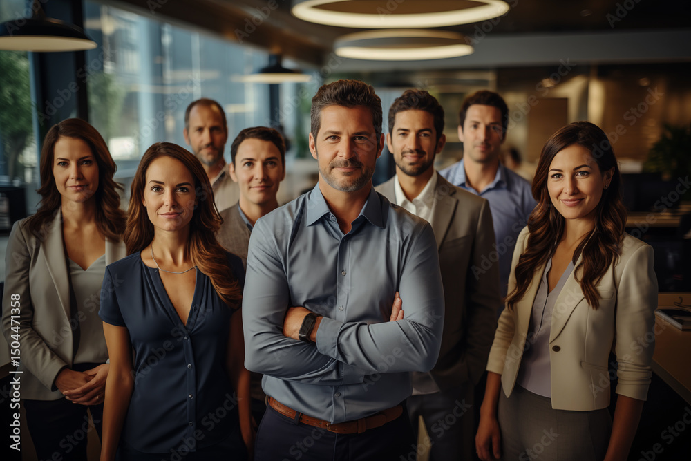 Obraz premium A confident business team posing together in a modern office with natural lighting