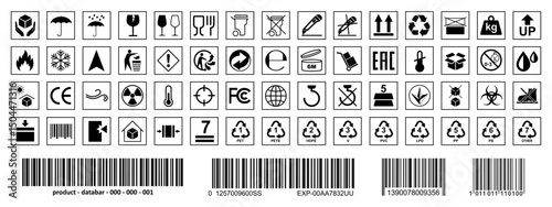 Packaging and warning symbols set for cardboard box, recycle and caution signs, fragile cargo icons, fragile package warning signs, logistics delivery shipping special labels, barcode - vector