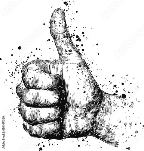Detailed black and white illustration of a thumbs up gesture with ink splatters. Vector illustration