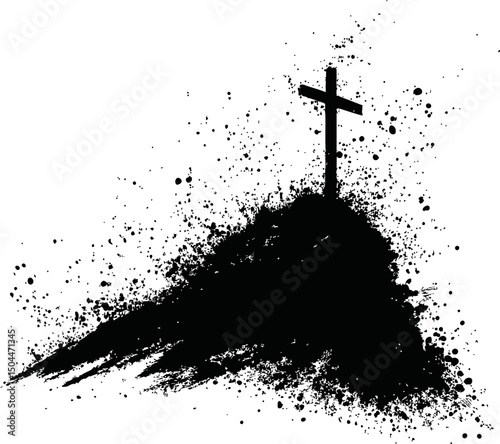 Silhouette of a cross on a splattered black hilltop with abstract ink effect. Vector illustration