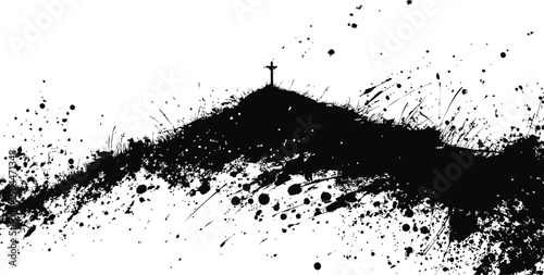 Silhouette of ink splatter hill with cross on top, abstract minimal concept. Vector illustration