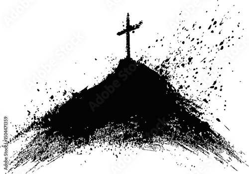 Black ink silhouette of a cross on a hill with splattered texture art. Vector illustration