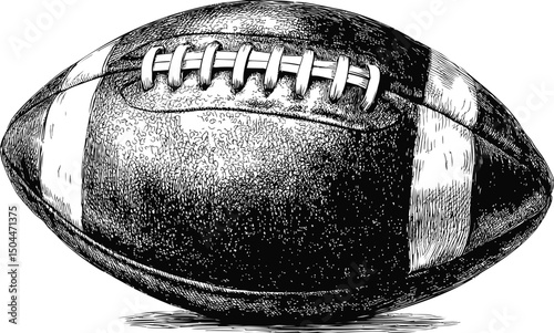 Black and white illustration of a detailed textured american football. Vector illustration