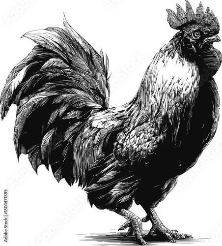 Black and white illustration of a rooster with detailed feathers, digital art. Vector illustration