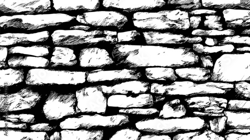 Black and white illustration of a rough stone wall with sketchy texture. Vector illustration