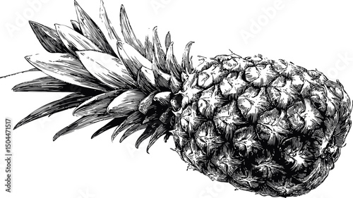 Detailed black ink sketch of a whole pineapple with foliage, botanical illustration. Vector illustration