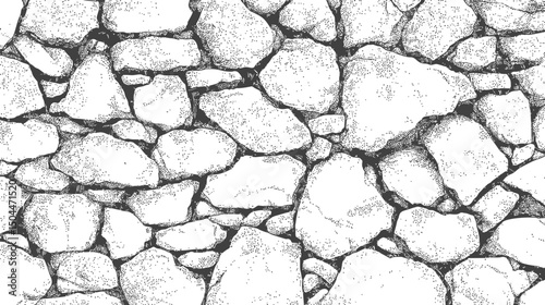 Seamless hand-drawn stone wall pattern in black and white ink illustration. Vector illustration