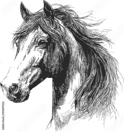 Detailed black and white horse head sketch with flowing mane illustration. Vector illustration