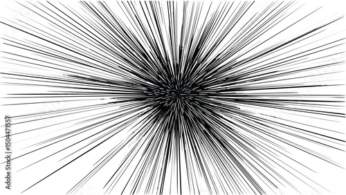 Abstract black and white radial burst with dynamic lines, energy explosion. Vector illustration