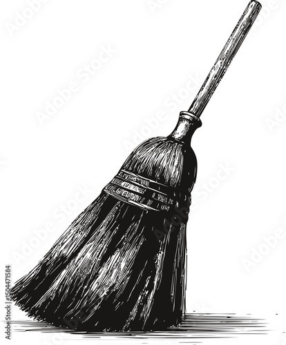 Sketch of a vintage straw broom with wooden handle. Vector illustration
