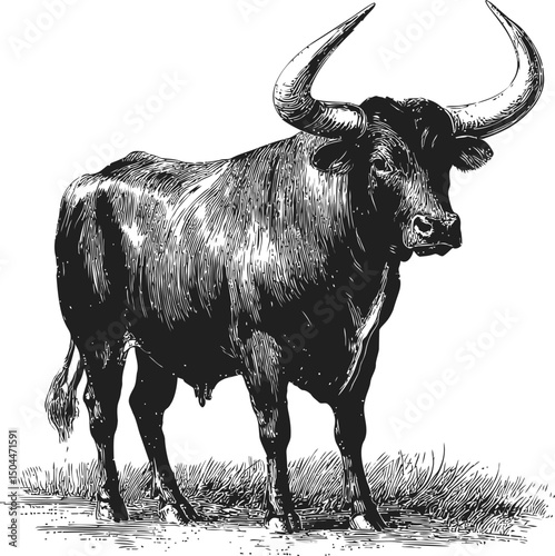 Black and white illustration of a bull with large horns in a field. Vector illustration