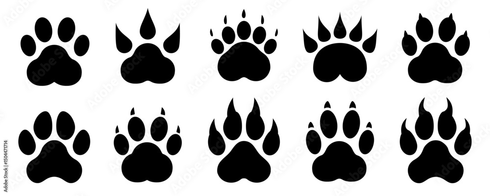 Fototapeta premium Paw footprint icon set with claws, lion tiger panther animal track silhouette, dog or cat paw print shape