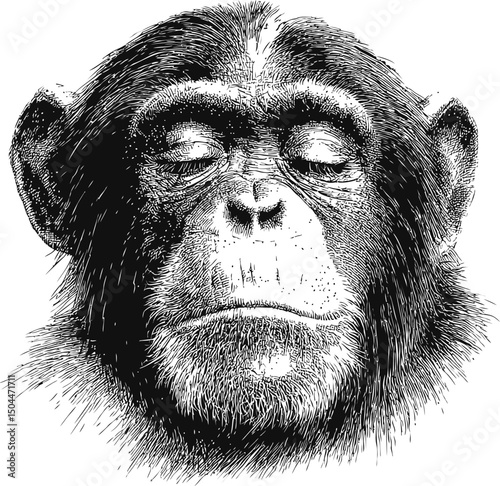 Intricate black and white sketch of a chimpanzee with closed eyes, tranquility. Vector illustration