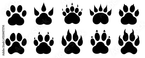 Paw footprint icon set with claws, lion tiger panther animal track silhouette, dog or cat paw print shape