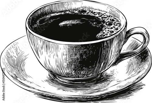 Hand-drawn illustration of a steaming cup of coffee on a saucer. Vector illustration