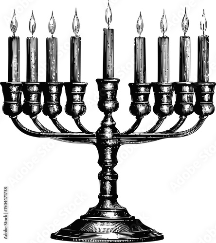 Black and white illustration of a menorah with nine lit candles. Vector illustration