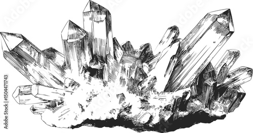 Detailed black and white illustration of a crystal formation, artistic sketch. Vector illustration