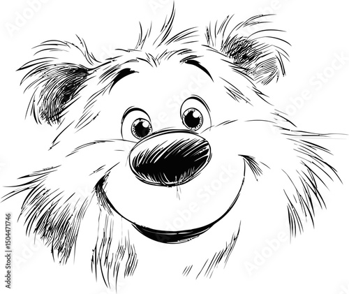 Black and white sketch of a smiling cartoon bear with fluffy fur. Vector illustration