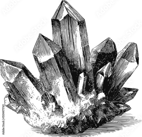 Black and white sketch of quartz crystal cluster, detailed illustration. Vector illustration